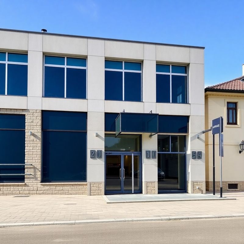 Zunanjost modernistične poslovne stavbe v Kopru z indigo stekleno fasado